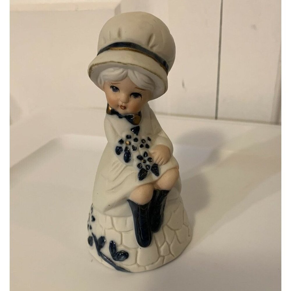 Vtg JASCO Collector Bells Royal Majestic sitting‎ girl/w white coat & blue boots